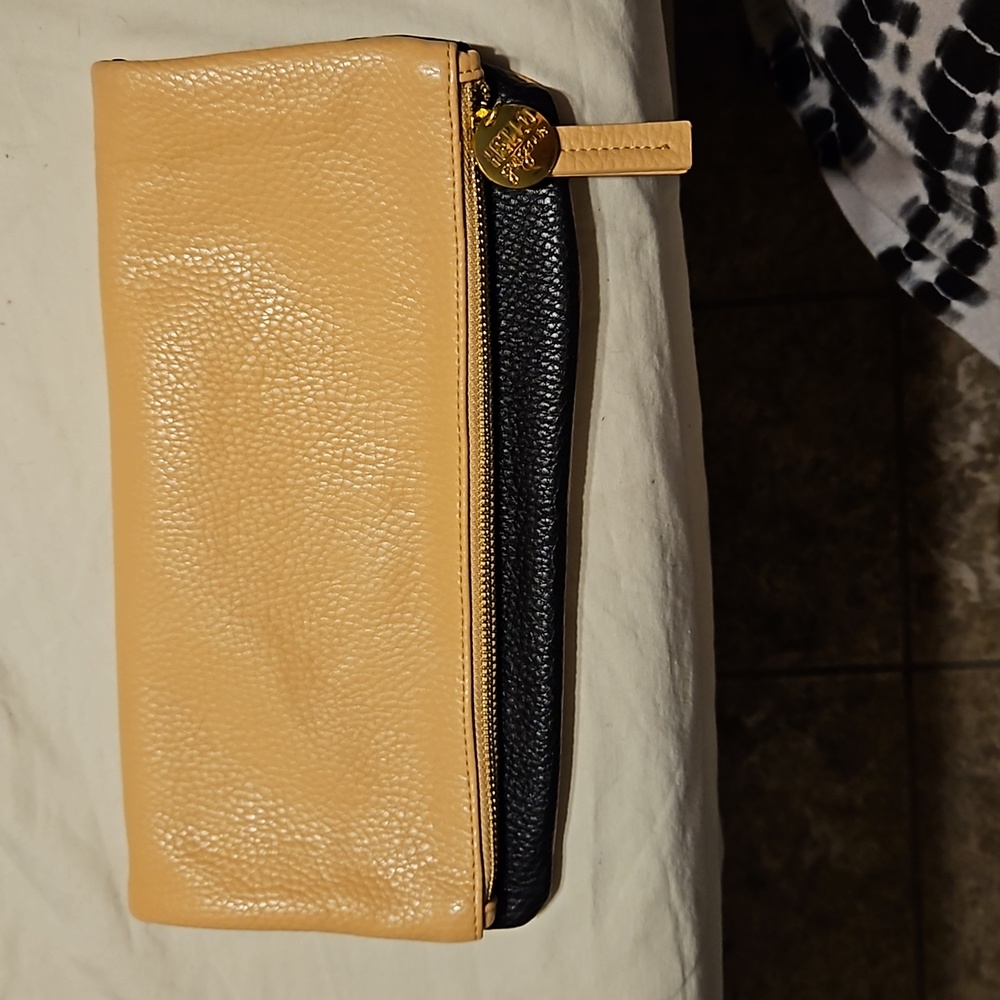 INDIGO Black/Tan Faux Leather Foldover Clutch Bag - Vintage - 10.5" x 10.5"